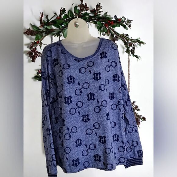 HARRY POTTER  LOUNGE SET WIZARDING WORLD LOGO KNIT Blue/Gray  Cozy  2-Piece - Picture 10 of 12